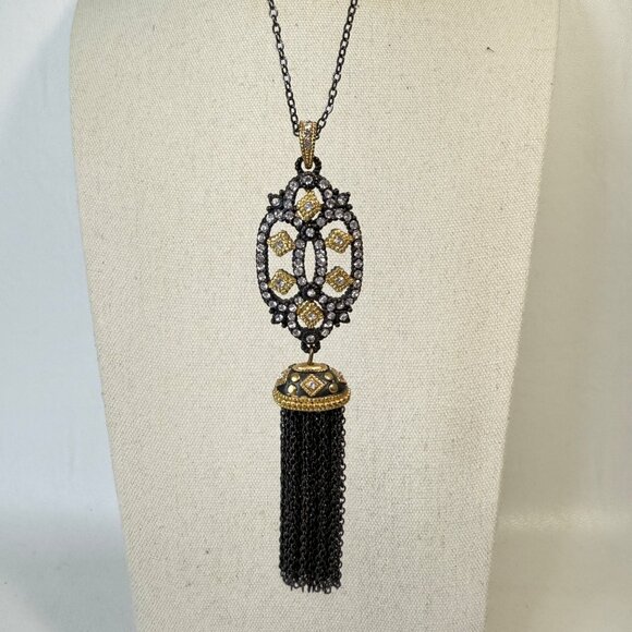 Long Tassel Pendant Necklace Gold-Tone Black‎ Whimsigoth Goth Layering - Picture 1 of 5